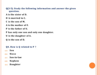 Q(3-5). Study the following information and answer the given
question.
A is the sister of D.
D is married to C.
C is the son of M.
A is the mother of F.
P is the father of U.
P has only one son and only one daughter.
U is the daughter of A.
Q is the son of D.
Q4. How is Q related to P ?
(a) Son
(b) Niece
(c) Son-in-law
(d) Nephew
(e) Daughter
 