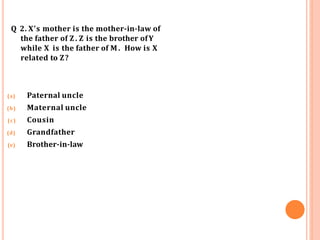 Q 2. X's mother is the mother-in-law of
the father of Z. Z is the brother ofY
while X is the father of M . How is X
related to Z?
(a) Paternal uncle
(b) Maternal uncle
(c) Cousin
(d) Grandfather
(e) Brother-in-law
 