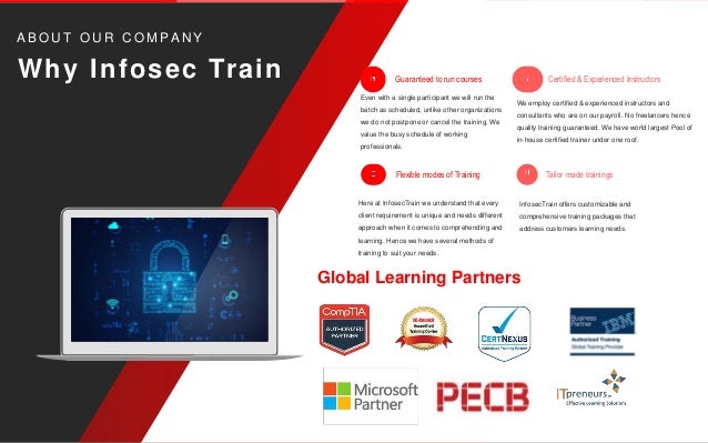 Why Infosec Train
A B O U T O U R C O M PA N Y
Guaranteed to run courses
Even with a single participant we will run the
batch as scheduled, unlike other organizations
we do not postpone or cancel the training. We
value the busy schedule of working
professionals.
Certified & Experienced Instructors
We employ certified & experienced instructors and
consultants who are on our payroll. No freelancers hence
quality training guaranteed. We have world largest Pool of
in-house certified trainer under one roof.
Flexible modes of Training
Here at InfosecTrain we understand that every
client requirement is unique and needs different
approach when it comes to comprehending and
learning. Hence we have several methods of
training to suit your needs.
Tailor made trainings
InfosecTrain offers customizable and
comprehensive training packages that
address customers learning needs.
Global Learning Partners
 