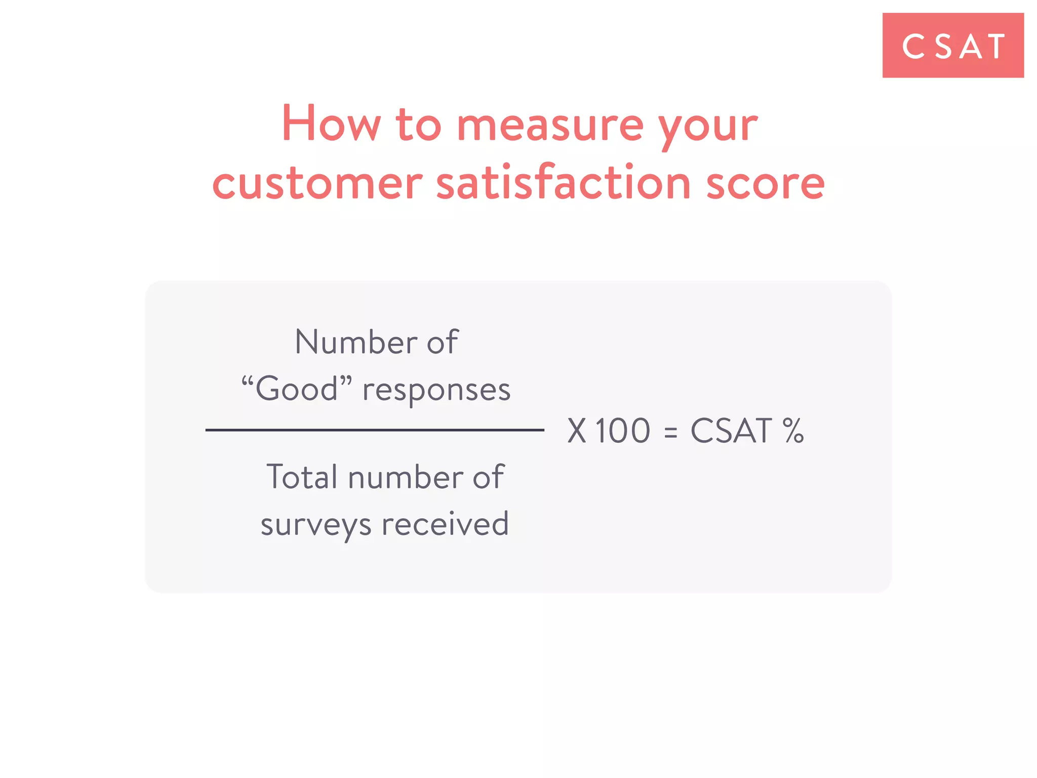 Number of
“Good” responses
Total number of
surveys received
X 100 = CSAT %
How to measure your
customer satisfaction score
C S AT
 