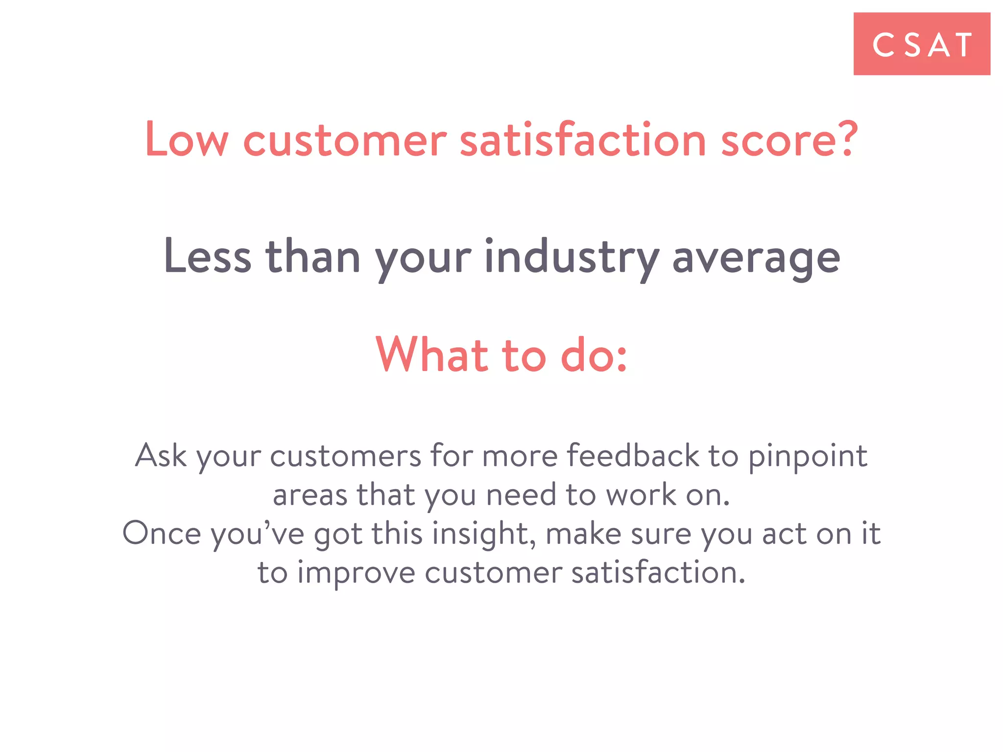 Ask your customers for more feedback to pinpoint
areas that you need to work on.
Once you’ve got this insight, make sure you act on it
to improve customer satisfaction.
C S AT
What to do:
Low customer satisfaction score?
Less than your industry average
 