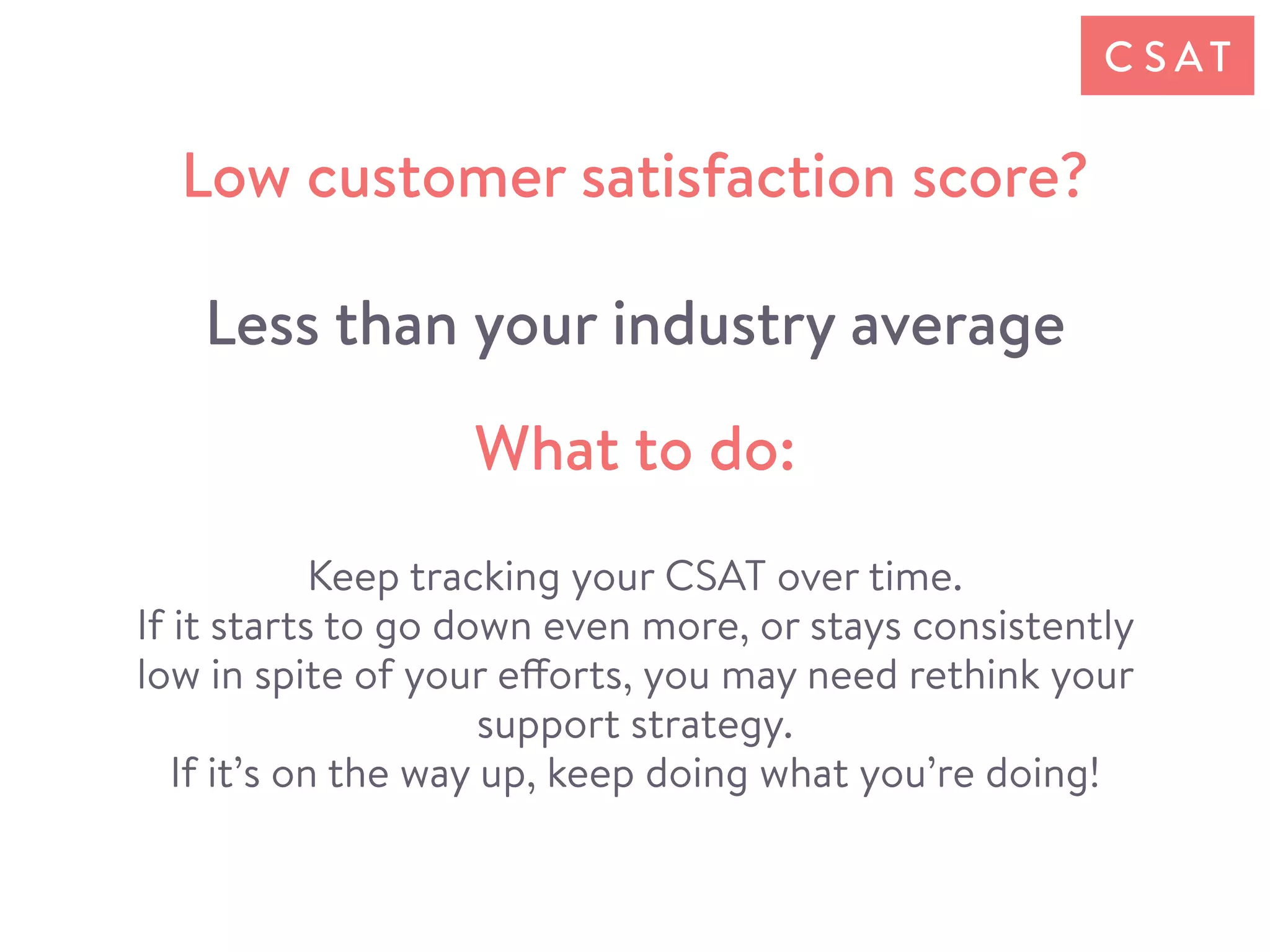 Keep tracking your CSAT over time.
If it starts to go down even more, or stays consistently
low in spite of your efforts, you may need rethink your
support strategy.
If it’s on the way up, keep doing what you’re doing!
What to do:
Low customer satisfaction score?
Less than your industry average
C S AT
 