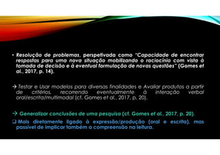 • Resolução de problemas, perspetivada como “Capacidade de encontrar
respostas para uma nova situação mobilizando o raciocínio com vista à
tomada de decisão e à eventual formulação de novas questões” (Gomes et
al., 2017, p. 14).
 Testar e Usar modelos para diversas finalidades e Avaliar produtos a partir
de critérios, recorrendo eventualmente à interação verbal
oral/escrita/multimodal (cf. Gomes et al., 2017, p. 20).
 Generalizar conclusões de uma pesquisa (cf. Gomes et al., 2017, p. 20).
 Mais diretamente ligado à expressão/produção (oral e escrita), mas
passível de implicar também a compreensão na leitura.
 