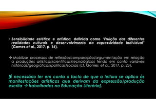 • Sensibilidade estética e artística, definida como “Fruição das diferentes
realidades culturais e desenvolvimento da expressividade individual”
(Gomes et al., 2017, p. 16).
 Mobilizar processos de reflexão/comparação/argumentação em relação
a produções artísticas/científicas/tecnológicas tendo em conta variáveis
históricas/geográficas/políticas/sociais (cf. Gomes et al., 2017, p. 23).
[É necessário ter em conta o facto de que a leitura se aplica às
manifestações artísticas que derivam da expressão/produção
escrita  trabalhadas na Educação Literária].
 