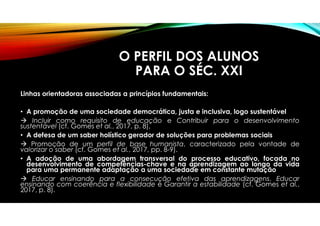 O PERFIL DOS ALUNOS
PARA O SÉC. XXI
Linhas orientadoras associadas a princípios fundamentais:
• A promoção de uma sociedade democrática, justa e inclusiva, logo sustentável
 Incluir como requisito de educação e Contribuir para o desenvolvimento
sustentável (cf. Gomes et al., 2017, p. 8),
• A defesa de um saber holístico gerador de soluções para problemas sociais
 Promoção de um perfil de base humanista, caracterizado pela vontade de
valorizar o saber (cf. Gomes et al., 2017, pp. 8-9).
• A adoção de uma abordagem transversal do processo educativo, focada no
desenvolvimento de competências-chave e na aprendizagem ao longo da vida
para uma permanente adaptação a uma sociedade em constante mutação
 Educar ensinando para a consecução efetiva das aprendizagens, Educar
ensinando com coerência e flexibilidade e Garantir a estabilidade (cf. Gomes et al.,
2017, p. 8).
 