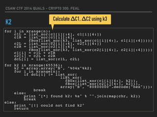 CSAW CTF 2014 QUALS - CRYPT0 300: FEAL
K2
for i in xrange(n):
c1L = list_xor(c1[i][:4], c1[i][4:])
c1R = list_xor(c1[i][:4],
fBox(list_xor(k3, list_xor(c1[i][4:], c1[i][:4]))))
c2L = list_xor(c2[i][:4], c2[i][4:])
c2R = list_xor(c2[i][:4],
fBox(list_xor(k3, list_xor(c2[i][4:], c2[i][:4]))))
c1[i] = c1L + c1R
c2[i] = c2L + c2R
dcL[i] = list_xor(c1L, c2L)
for k2 in xrange(65536):
k2 = array.array("B", "%04x"%k2)
for i in xrange(n):
if dcL[i] != list_xor(
list_xor(
fBox(list_xor(c1[i][4:], k2)),
fBox(list_xor(c2[i][4:], k2))),
array("B", "80800000".decode("hex"))):
break
else:
print "[*] found k2: %s" % "".join(map(chr, k2))
break
else:
print "[!] could not find k2"
return
Calculate ΔC1, ΔC2 using k3
 