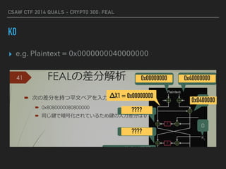 CSAW CTF 2014 QUALS - CRYPT0 300: FEAL
K4, K5, FLAG
k4 = list_xor(list_xor(fBox(list_xor(k0, c1[0][4:])),
c1[0][:4]),
p1[0][:4])
print "[*] found k4: %s" % "".join(map(chr, k4))
k5 = list_xor(list_xor(list_xor(p1[0][:4], k4), c1[0][4:]),
p1[0][4:])
print "[*] found k5: %s" % "".join(map(chr, k5))
k = [k0, k1, k2, k3, k4, k5]
print "[*] got encryption key:", k
flag = "".join(map(chr, feal.decrypt(array("B", flag1), k)))
+ "".join(map(chr, feal.decrypt(array("B", flag2), k)))
print "[*] the flag is:", flag
 