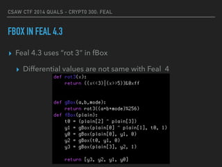 CSAW CTF 2014 QUALS - CRYPT0 300: FEAL
FBOX IN FEAL 4.3
▸ Feal 4.3 uses “rot 3” in fBox
▸ Differential values are not same with Feal 4
 