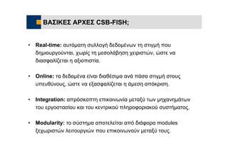 ΒΑΣΙΚΕΣ ΑΡΧΕΣ CSB-FISH;


•   Real-time: αυτόματη συλλογή δεδομένων τη στιγμή που
    δημιουργούνται, χωρίς τη μεσολάβηση χειριστών, ώστε να
    διασφαλίζεται η αξιοπιστία.

•   Online: τα δεδομένα είναι διαθέσιμα ανά πάσα στιγμή στους
    υπευθύνους, ώστε να εξασφαλίζεται η άμεση απόκριση.

•   Integration: απρόσκοπτη επικοινωνία μεταξύ των μηχανημάτων
    του εργοστασίου και του κεντρικού πληροφοριακού συστήματος.

•   Modularity: το σύστημα αποτελείται από διάφορα modules
    ξεχωριστών λειτουργιών που επικοινωνούν μεταξύ τους.
 