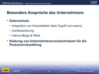 Besondere Ansprüche des Unternehmens Datenschutz Integration von Intranetdaten (kein Zugriff von extern) Zutrittssicherung Interne Blogs & Wikis Nutzung von Unternehmensverzeichnissen für die Personenverwaltung 