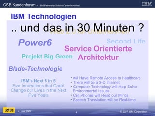 IBM Technologien Power6 Projekt Big Green Web 2.0 für Unternehmen Service Orientierte Architektur Blade-Technologie Second Life will Have Remote Access to Healthcare There will be a 3-D Internet Computer Technology will Help Solve   Environmental Issues Cell Phones will Read our Minds Speech Translation will be Real-time  IBM’s Next 5 in 5 Five Innovations that Could Change our Lives in the Next Five Years .. und das in 30 Minuten ? 