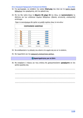 B.4.1 Λογισμικό Εφαρμογών/Υπολογιστικά Φύλλα B.4.1.Μ11
119
32. Για φωτογραφία, να επιλέξετε την εικόνα Chair.png που είναι και το πρώτο σημείο
δεδομένων του γραφήματος, από τον φάκελό σας.
33. Με τον ίδιο τρόπο όπως τα βήματα 30 μέχρι 32 πιο πάνω, να τροποποιήσετε τις
ιδιότητες και των υπόλοιπων σημείων δεδομένων (Θρανία, εκτυπωτές, υπολογιστές)
αντίστοιχα:
Τώρα το εικονόγραμμα θα πρέπει να μοιάζει περίπου όπως το πιο κάτω:
34. Να αποθηκεύσετε τις αλλαγές που κάνατε στο αρχείο σας και να το κλείσετε.
35. Να τερματίσετε και την εφαρμογή υπολογιστικών φύλλων.
Δραστηριότητες για το Σπίτι
36. Να αναφέρετε 2 λόγους για τους οποίους θα χρησιμοποιούσατε γραφήματα σε ένα
φύλλο εργασίας σας.
................................................................................................................................
................................................................................................................................
................................................................................................................................
................................................................................................................................
 