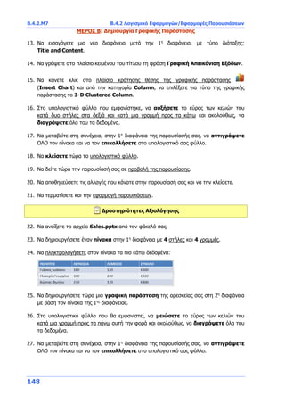 Β.4.2.Μ7 Β.4.2 Λογισμικό Εφαρμογών/Εφαρμογές Παρουσιάσεων
148
ΜΕΡΟΣ B: Δημιουργία Γραφικής Παράστασης
13. Να εισαγάγετε μια νέα διαφάνεια μετά την 1η
διαφάνεια, με τύπο διάταξης:
Title and Content.
14. Να γράψετε στο πλαίσιο κειμένου του τίτλου τη φράση Γραφική Απεικόνιση Εξόδων.
15. Να κάνετε κλικ στο πλαίσιο κράτησης θέσης της γραφικής παράστασης
(Insert Chart) και από την κατηγορία Column, να επιλέξετε για τύπο της γραφικής
παράστασης το 3-D Clustered Column.
16. Στο υπολογιστικό φύλλο που εμφανίστηκε, να αυξήσετε το εύρος των κελιών του
κατά δυο στήλες στα δεξιά και κατά μια γραμμή προς τα κάτω και ακολούθως, να
διαγράψετε όλα του τα δεδομένα.
17. Να μεταβείτε στη συνέχεια, στην 1η
διαφάνεια της παρουσίασής σας, να αντιγράψετε
ΟΛΟ τον πίνακα και να τον επικολλήσετε στο υπολογιστικό σας φύλλο.
18. Να κλείσετε τώρα το υπολογιστικό φύλλο.
19. Να δείτε τώρα την παρουσίασή σας σε προβολή της παρουσίασης.
20. Να αποθηκεύσετε τις αλλαγές που κάνατε στην παρουσίασή σας και να την κλείσετε.
21. Να τερματίσετε και την εφαρμογή παρουσιάσεων.
Δραστηριότητες Αξιολόγησης
22. Να ανοίξετε το αρχείο Sales.pptx από τον φάκελό σας.
23. Να δημιουργήσετε έναν πίνακα στην 1η
διαφάνεια με 4 στήλες και 4 γραμμές.
24. Να πληκτρολογήσετε στον πίνακα τα πιο κάτω δεδομένα:
25. Να δημιουργήσετε τώρα μια γραφική παράσταση της αρεσκείας σας στη 2η
διαφάνεια
με βάση τον πίνακα της 1ης
διαφάνειας.
26. Στο υπολογιστικό φύλλο που θα εμφανιστεί, να μειώσετε το εύρος των κελιών του
κατά μια γραμμή προς τα πάνω αυτή την φορά και ακολούθως, να διαγράψετε όλα του
τα δεδομένα.
27. Να μεταβείτε στη συνέχεια, στην 1η
διαφάνεια της παρουσίασής σας, να αντιγράψετε
ΟΛΟ τον πίνακα και να τον επικολλήσετε στο υπολογιστικό σας φύλλο.
 