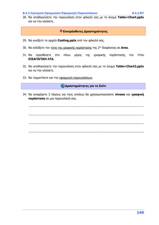 Β.4.2 Λογισμικό Εφαρμογών/Εφαρμογές Παρουσιάσεων Β.4.2.Μ7
149
28. Να αποθηκεύσετε την παρουσίαση στον φάκελό σας με το όνομα Table+Chart.pptx
και να την κλείσετε.
+Επιπρόσθετες Δραστηριότητες
29. Να ανοίξετε το αρχείο Costing.pptx από τον φάκελό σας.
30. Να αλλάξετε τον τύπο της γραφικής παράστασης της 2ης
διαφάνειας σε Area.
31. Να προσθέσετε στο πάνω μέρος της γραφικής παράστασης τον τίτλο
ΕΙΣΑΓΩΓΙΚΗ ΛΤΔ.
32. Να αποθηκεύσετε την παρουσίαση στον φάκελό σας με το όνομα Table+Chart2.pptx
και να την κλείσετε.
33. Να τερματίσετε και την εφαρμογή παρουσιάσεων.
Δραστηριότητες για το Σπίτι
34. Να αναφέρετε 2 λόγους για τους οποίους θα χρησιμοποιούσατε πίνακα και γραφική
παράσταση σε μια παρουσίασή σας.
................................................................................................................................
................................................................................................................................
................................................................................................................................
................................................................................................................................
 