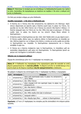 Β.7.Μ2 Β.7 Αλγοριθμική Σκέψη, Προγραμματισμός και Σύγχρονες Εφαρμογές
204
Φάση 1η
: Μελετούμε το σενάριό μας και εντοπίζουμε τις διαδικασίες/λειτουργίες που πρέπει
να κάνει. Ακολούθως, θα περιγράψουμε με σαφήνεια και ακρίβεια τι θα κάνει η καθεμιά από
αυτές τις διαδικασίες.
Στο δικό μας σενάριο υπάρχει μια μόνο διαδικασία.
Ακριβής περιγραφή - τι θα κάνει η διαδικασία μας
 Ο Κώστας και ο Γιάννης είναι δύο αστροναύτες που βρίσκονται στο διάστημα. Αφού
κάνουν εξερεύνηση για αρκετές ώρες ο Κώστας γυρνά προς το μέρος του Γιάννη, τον
φωνάζει και του λέει «Φίλε Γιάννη» και ο Γιάννης του απαντά «Ναι Κώστα τι θέλεις;». Ο
Κώστας προχωρά προς τον Γιάννη και του λέει «Φίλε είναι ώρα να φύγουμε». Ο Γιάννης
γυρίζει προς το μέρος του Κώστα και του απαντά «Έχεις δίκαιο κάλεσε το
διαστημόπλοιο».
 Ο Κώστας καλεί το διαστημόπλοιο και λέει «Αλό- Αλό! Παιδιά ελάτε να μας πάρετε-over».
Ο Γιάννης γυρίζει, βλέπει προς τον ορίζοντα, βλέπει το διαστημόπλοιο να πλησιάζει και
λέει «Νάτους έρχονται» και το δείχνει στον Κώστα, ο οποίος και αυτός γυρίζει και κοιτάζει
το διαστημόπλοιο που πλησιάζει. Το διαστημόπλοιο προσγειώνεται και ο Γιάννης
κατεβάζει το χέρι του.
 Ο Γιάννης και ο Κώστας στρέφονται προς το διαστημόπλοιο, το πλησιάζουν μαζί και
ακολούθως εξαφανίζονται μαζί μέσα στο διαστημόπλοιο. Το διαστημόπλοιο ξεκινά και
φεύγει ενώ ταυτόχρονα το ακολουθεί η κάμερα.
Οδηγίες για το σημερινό μάθημα:
Σήμερα θα υλοποιήσουμε μόνο την 1η
παράγραφο του σεναρίου μας.
Φάση 2η
: Η διαδικασία που περιγράψαμε στην προηγούμενη φάση θα αναλυθεί σε απλά
βήματα χρησιμοποιώντας τη λεκτική μέθοδο. Τα βήματα αυτά θα τα τοποθετήσουμε στην
σωστή σειρά και θα δείχνουν ξεκάθαρα πώς θα πραγματοποιείται η διαδικασία.
Να γράψετε τα βήματα που αντιστοιχούν στην 1η
παράγραφο της Φάσης 1 (περιγραφή):
Α/Α Αντικείμενο Ενέργεια Χρόνος
1 αστροναύτης 2
κάνει μισή περιστροφή (προς το μέρος του αστροναύτη
1(0.5, δεξιά)
2’’
2 αστροναύτης 2 λέει «Φίλε Γιάννη» 2’’
3 αστροναύτης 1
κάνει στροφή 0.25 στα αριστερά (προς το μέρος του
αστροναύτη 2)
2’’
4 αστροναύτης 1 λέει «Ναι Κώστα τι θέλεις» 2’’
5 αστροναύτης 2 προχωρά ευθεία 2 2’’
6 αστροναύτης 2 λέει «Φίλε νομίζω είναι ώρα να φύγουμε» 2’’
7 αστροναύτης 1 προχωρά ευθεία 1 2’’
8 αστροναύτης 1 λέει «Νομίζω έχεις δίκιο ……κάλεσε το διαστημόπλοιο» 2’’
Σημείωση: η 2η
και η 3η
παράγραφος του σεναρίου μας θα υλοποιηθούν στο επόμενο φύλλο
εργασίας.
 