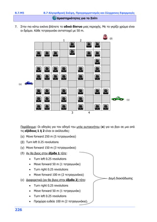Β.7.Μ5 Β.7 Αλγοριθμική Σκέψη, Προγραμματισμός και Σύγχρονες Εφαρμογές
226
Δραστηριότητες για το Σπίτι
7. Στην πιο κάτω εικόνα βλέπετε το οδικό δίκτυο μιας περιοχής. Με το γκρίζο χρώμα είναι
οι δρόμοι. Κάθε τετραγωνάκι αντιστοιχεί με 50 m.
1 2
3 4
Παράδειγμα: Οι οδηγίες για τον οδηγό του μπλε αυτοκινήτου (α) για να βγει σε μια από
τις εξόδους 1 ή 2 είναι οι ακόλουθες:
(α) Move forward 250 m (5 τετραγωνάκια)
(β) Turn left 0.25 revolutions
(γ) Move forward 150 m (3 τετραγωνάκια)
(δ) Αν θα βγεις στην έξοδο 1 τότε:
 Turn left 0.25 revolutions
 Move forward 50 m (1 τετραγωνάκι)
 Turn right 0.25 revolutions
 Move forward 100 m (2 τετραγωνάκια)
(ε) Διαφορετικά (αν θα βγεις στην έξοδο 2) τότε:
 Turn right 0.25 revolutions
 Move forward 50 m (1 τετραγωνάκι)
 Turn left 0.25 revolutions
 Προχώρα ευθεία 100 m (2 τετραγωνάκια).
(α)
(β)
(γ)
Δομή διακλάδωσης
 