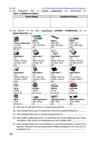 B.2.Μ3 B.2 Υλικό/Αρχιτεκτονική Ηλεκτρονικού Υπολογιστή
40
11. Να διαχωρίσετε όλες τις μονάδες αποθήκευσης που συναντήσαμε σε
κύρια και βοηθητική μνήμη:
Κύρια Μνήμη Βοηθητική Μνήμη
12. Σας δίνονται τα πιο κάτω παραδείγματα μονάδων αποθήκευσης και τα
χαρακτηριστικά τους:
Δισκέτα (floppy disk)
1.44 MB
€3 (οι 10)
RAM 1
DDR-400
2 GB, 3200 MB/s
€22
RAM 2
DDR2-800
2GB, 6400 MB/s
€30
RAM 3
DDR3-1333
4GB, 10664 MB/s
€34
Hard Disk 1
3,5’’
250GB, 7200 rpm,
110 MB/s. SATA
€75
Hard Disk 2
3,5’’
80GB, 5400 rpm,
90 MB/s. IDE
€85
Hard Disk 3
2,5’’
500GB, 5400 rpm,
100 MB/s. SATA
€89
Hard Disk 4
3,5’’
500GB, 7200 rpm,
120 MB/s. SATA2
€95
Hard Disk 5
3,5’’
300GB, 10000 rpm,
150 MB/s. SATA3
€230
Hard Disk 6
3,5’’
2TB, 7200 rpm,
110 MB/s. SATA2
€125
Hard Disk 7
2,5’’
500GB, 5400 rpm,
40 MB/s. USB 2.0
€90
Hard Disk 8
2,5’’
1TB, 7200 rpm,
45 MB/s. USB 2.0
€117
CD-R
700MB
€4 (τα 10)
CD-RW
700MB
€6 (τα 10)
DVD-R
4,7 GB
€5 (τα 10)
DVD-RW
4,7GB
€4 (τα 10)
ΒD-R
25GB
€20 (τα 5)
USB Flash Drive 1
4GB, 10MB/s
€6
USB Flash Drive 2
8GB, 7MB/s
€10
USB Flash Drive 3
16GB, 20MB/s
€26
(α) Ποιο είναι το USB Flash Drive με τη μεγαλύτερη ταχύτητα; ...................................
(β) Ποιος σκληρός δίσκος έχει τη μεγαλύτερη ταχύτητα μεταφοράς δεδομένων; ...........
(γ) Ποιος σκληρός δίσκος έχει τη μεγαλύτερη χωρητικότητα; ......................................
(δ) Ποια μονάδα αποθήκευσης είναι η πιο κατάλληλη για να κρατά δεδομένα μιας ταινίας
τουλάχιστον 1GB, ενώ θα τα επεξεργάζεται μια πολύ γρήγορη ΚΜΕ; .......................
(ε) Ποιος σκληρός δίσκος είναι πιο κατάλληλος για να αντικαταστήσουμε τον δίσκο ενός
φορητού υπολογιστή που έχει χωρητικότητα 80GB, μεταφέροντας σε αυτόν όλο το
περιεχόμενό του; ...............................................................................................
 