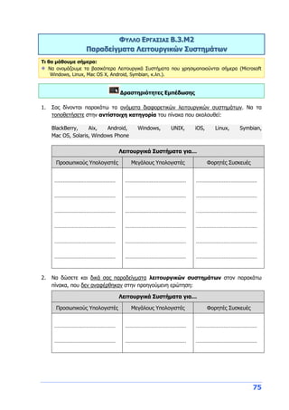 75
ΦΥΛΛΟ ΕΡΓΑΣΙΑΣ Β.3.M2
Παραδείγματα Λειτουργικών Συστημάτων
Τι θα μάθουμε σήμερα:
Να ονομάζουμε τα βασικότερα Λειτουργικά Συστήματα που χρησιμοποιούνται σήμερα (Microsoft
Windows, Linux, Mac OS X, Android, Symbian, κ.λπ.).
Δραστηριότητες Εμπέδωσης
1. Σας δίνονται παρακάτω τα ονόματα διαφορετικών λειτουργικών συστημάτων. Να τα
τοποθετήσετε στην αντίστοιχη κατηγορία του πίνακα που ακολουθεί:
BlackBerry, Aix, Android, Windows, UNIX, iOS, Linux, Symbian,
Mac OS, Solaris, Windows Phone
Λειτουργικά Συστήματα για…
Προσωπικούς Υπολογιστές Μεγάλους Υπολογιστές Φορητές Συσκευές
……………………………………
……………………………………
……………………………………
……………………………………
……………………………………
……………………………………
……………………………………
……………………………………
……………………………………
……………………………………
……………………………………
……………………………………
……………………………………
……………………………………
……………………………………
……………………………………
……………………………………
……………………………………
2. Να δώσετε και δικά σας παραδείγματα λειτουργικών συστημάτων στον παρακάτω
πίνακα, που δεν αναφέρθηκαν στην προηγούμενη ερώτηση:
Λειτουργικά Συστήματα για…
Προσωπικούς Υπολογιστές Μεγάλους Υπολογιστές Φορητές Συσκευές
……………………………………
……………………………………
……………………………………
……………………………………
……………………………………
……………………………………
 