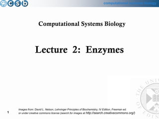 computational systems biology
1
Lecture 2: Enzymes
Computational Systems Biology
Images from: David L. Nelson, Lehninger Principles of Biochemistry, IV Edition, Freeman ed.
or under creative commons license (search for images at http://search.creativecommons.org/)
 