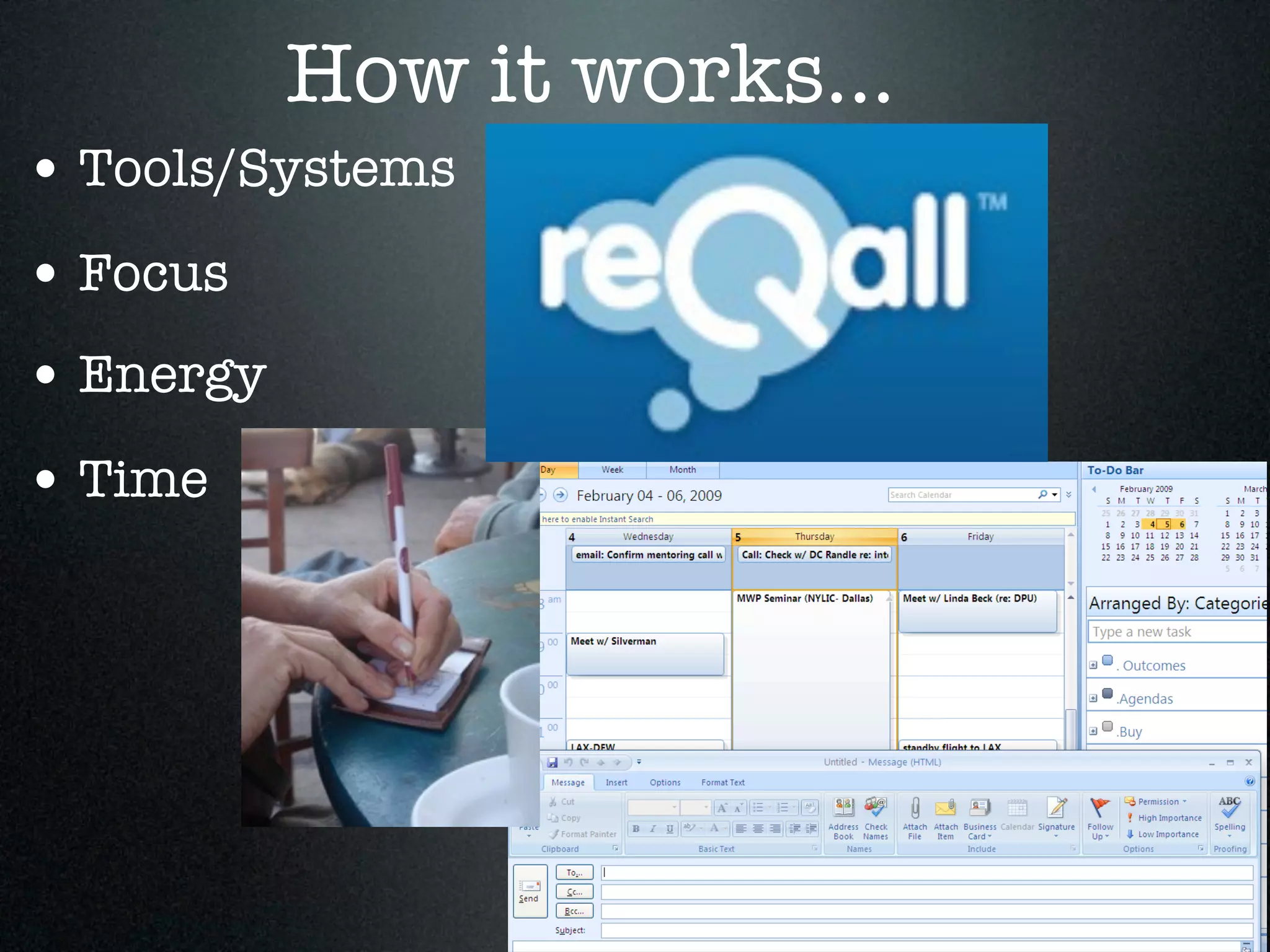 How it works...
• Tools/Systems
• Focus
• Energy
• Time
 