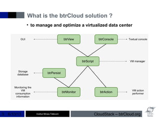 Institut Mines-Télécom
What is the btrCloud solution ?
6/10/13 CloudStack – btrCloud.org3
●
to manage and optimize a virtualized data center
 