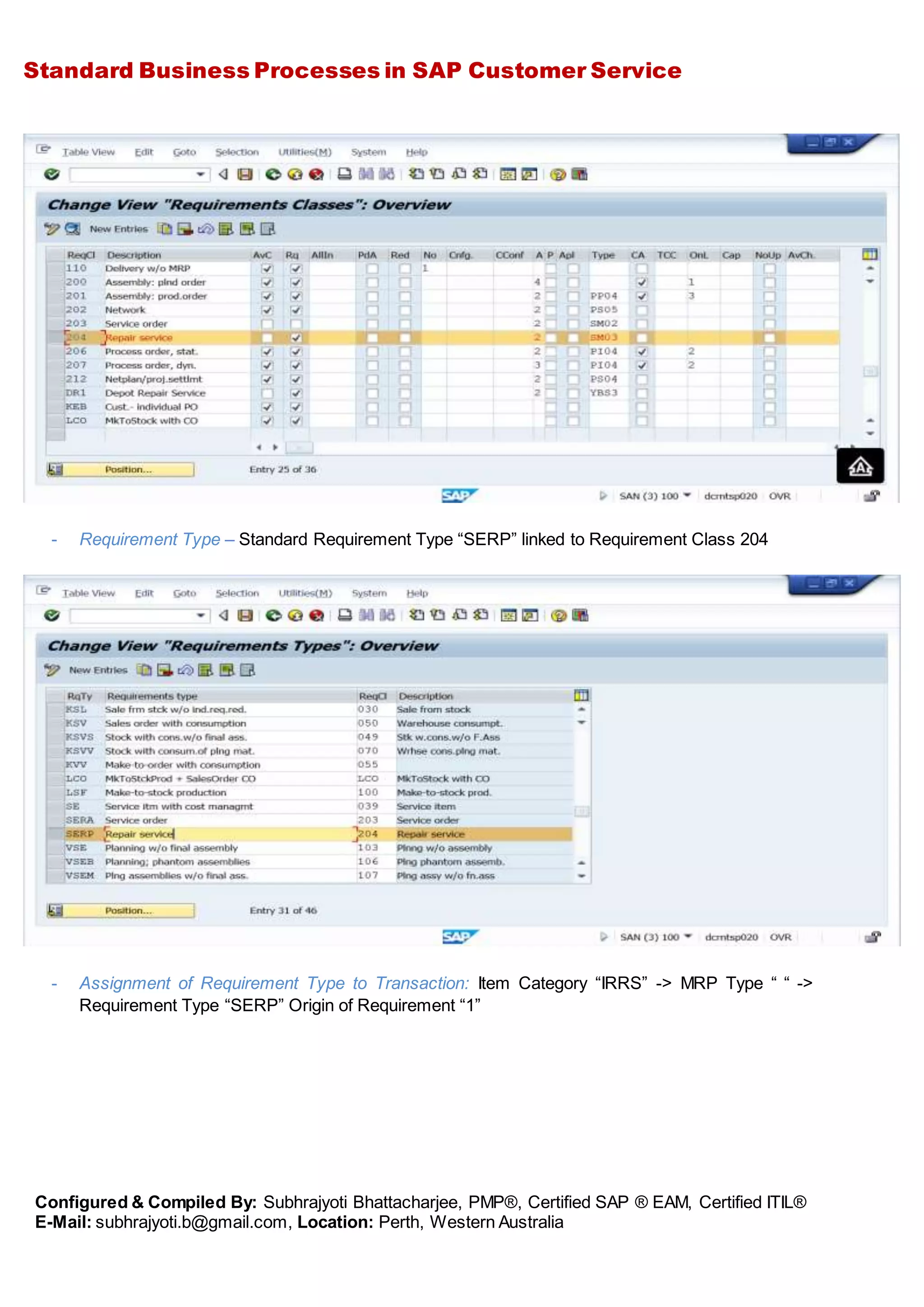 Standard Business Processes in SAP Customer Service
Configured & Compiled By: Subhrajyoti Bhattacharjee, PMP®, Certified SAP ® EAM, Certified ITIL®
E-Mail: subhrajyoti.b@gmail.com, Location: Perth, Western Australia
- Requirement Type – Standard Requirement Type “SERP” linked to Requirement Class 204
- Assignment of Requirement Type to Transaction: Item Category “IRRS” -> MRP Type “ “ ->
Requirement Type “SERP” Origin of Requirement “1”
 