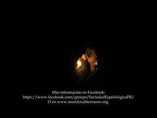 Más información en Facebook:
https://www.facebook.com/groups/SociedadEspelologicaPR/
O en www.mundosubterraneo.org.
 