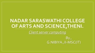 NADAR SARASWATHI COLLEGE
OF ARTS AND SCIENCE,THENI.
Client server computing
By.,
G.NIBIYA.,II-MSC(IT)
 