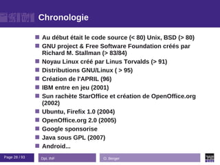 Chronologie

                  Au début était le code source (< 80) Unix, BSD (> 80)
                  GNU project & Free Software Foundation créés par
                   Richard M. Stallman (> 83/84)
                  Noyau Linux créé par Linus Torvalds (> 91)
                  Distributions GNU/Linux ( > 95)
                  Création de l'APRIL (96)
                  IBM entre en jeu (2001)
                  Sun rachète StarOffice et création de OpenOffice.org
                   (2002)
                  Ubuntu, Firefix 1.0 (2004)
                  OpenOffice.org 2.0 (2005)
                  Google sponsorise
                  Java sous GPL (2007)
                  Android...
Page 28 / 93       Dpt. INF             O. Berger
 
