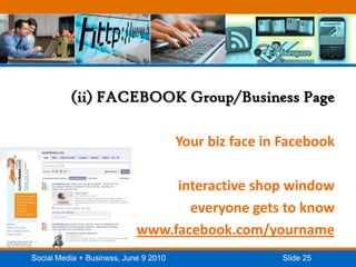 (ii) FACEBOOK Group/Business PageYour biz face in Facebookinteractive shop windoweveryone gets to knowwww.facebook.com/yourname