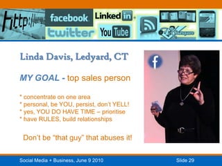 Linda Davis, Ledyard, CTMY GOAL - top sales person * concentrate on one area * personal, be YOU, persist, don’t YELL!* yes, YOU DO HAVE TIME – prioritise* have RULES, build relationships Don’t be “that guy” that abuses it!