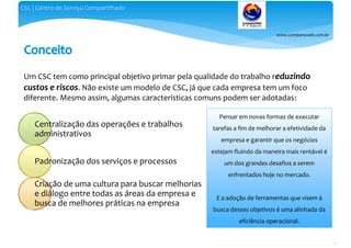 www.companyweb.com.br
CSC | Centro de Serviço Compartilhado
20
Um CSC tem como principal objetivo primar pela qualidade do trabalho reduzindo
custos e riscos. Não existe um modelo de CSC, já que cada empresa tem um foco
diferente. Mesmo assim, algumas características comuns podem ser adotadas:
Centralização das operações e trabalhos
administrativos
Padronização dos serviços e processos
Criação de uma cultura para buscar melhorias
e diálogo entre todas as áreas da empresa e
busca de melhores práticas na empresa
Pensar em novas formas de executar
tarefas a fim de melhorar a efetividade da
empresa e garantir que os negócios
estejam fluindo da maneira mais rentável é
um dos grandes desafios a serem
enfrentados hoje no mercado.
E a adoção de ferramentas que visem à
busca desses objetivos é uma alinhada da
eficiência operacional.
 