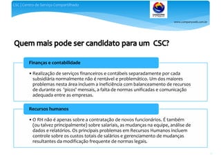 www.companyweb.com.br
CSC | Centro de Serviço Compartilhado
23
•Realização de serviços financeiros e contábeis separadamente por cada
subsidiária normalmente não é rentável e problemático. Um dos maiores
problemas nesta área incluem a ineficiência com balanceamento de recursos
de durante os 'picos' mensais, a falta de normas unificadas e comunicação
adequada entre as empresas.
Finanças e contabilidade
•O RH não é apenas sobre a contratação de novos funcionários. É também
(ou talvez principalmente) sobre salariais, as mudanças na equipe, análise de
dados e relatórios. Os principais problemas em Recursos Humanos incluem
controle sobre os custos totais de salários e gerenciamento de mudanças
resultantes da modificação frequente de normas legais.
Recursos humanos
 