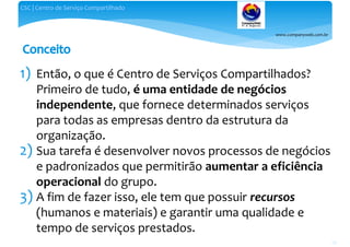 www.companyweb.com.br
CSC | Centro de Serviço Compartilhado
28
1) Então, o que é Centro de Serviços Compartilhados?
Primeiro de tudo, é uma entidade de negócios
independente, que fornece determinados serviços
para todas as empresas dentro da estrutura da
organização.
2) Sua tarefa é desenvolver novos processos de negócios
e padronizados que permitirão aumentar a eficiência
operacional do grupo.
3) A fim de fazer isso, ele tem que possuir recursos
(humanos e materiais) e garantir uma qualidade e
tempo de serviços prestados.
 