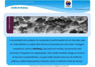 www.companyweb.com.br
CSC | Centro de Serviço Compartilhado
66
A necessidade de se adaptar às constantes transformações de um mercado cada
vez mais dinâmico e volátil, além da busca incessante por uma maior vantagem
competitiva, torna a mudança, que antes era evitada, um processo mais
presente e frequente nas organizações. Este cenário também atinge os Centros
de Serviços Compartilhados, os quais estão sempre à procura de melhores
práticas, melhor desempenho, menores custos e melhores níveis de serviço.
Fonte: http://www.sharedservicesconnection.com/#!gesto-da-mudana/c1fff
 