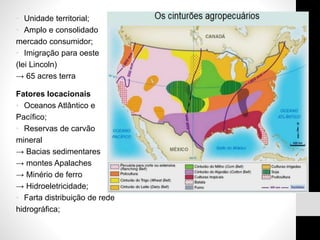 • Unidade territorial;
• Amplo e consolidado
mercado consumidor;
• Imigração para oeste
(lei Lincoln)
→ 65 acres terra
Fatores locacionais
• Oceanos Atlântico e
Pacífico;
• Reservas de carvão
mineral
→ Bacias sedimentares
→ montes Apalaches
→ Minério de ferro
→ Hidroeletricidade;
• Farta distribuição de rede
hidrográfica;
 