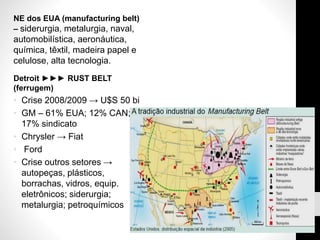 NE dos EUA (manufacturing belt)
– siderurgia, metalurgia, naval,
automobilística, aeronáutica,
química, têxtil, madeira papel e
celulose, alta tecnologia.
Detroit ►►► RUST BELT
(ferrugem)
• Crise 2008/2009 → U$S 50 bi
• GM – 61% EUA; 12% CAN;
17% sindicato
• Chrysler → Fiat
• Ford
• Crise outros setores →
autopeças, plásticos,
borrachas, vidros, equip.
eletrônicos; siderurgia;
metalurgia; petroquímicos
 