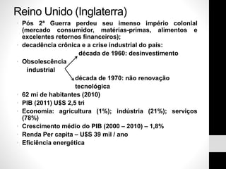 Reino Unido (Inglaterra)
• Pós 2ª Guerra perdeu seu imenso império colonial
(mercado consumidor, matérias-primas, alimentos e
excelentes retornos financeiros);
• decadência crônica e a crise industrial do país:
década de 1960: desinvestimento
• Obsolescência
industrial
década de 1970: não renovação
tecnológica
• 62 mi de habitantes (2010)
• PIB (2011) U$S 2,5 tri
• Economia: agricultura (1%); indústria (21%); serviços
(78%)
• Crescimento médio do PIB (2000 – 2010) – 1,8%
• Renda Per capita – U$S 39 mil / ano
• Eficiência energética
 