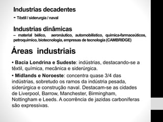 Áreas industriais
• Bacia Londrina e Sudeste: indústrias, destacando-se a
têxtil, química, mecânica e siderúrgica.
• Midlands e Noroeste: concentra quase 3/4 das
indústrias, sobretudo os ramos da indústria pesada,
siderúrgica e construção naval. Destacam-se as cidades
de Liverpool, Barrow, Manchester, Birmingham,
Nottingham e Leeds. A ocorrência de jazidas carboníferas
são expressivas.
Industrias decadentes
- Têxtil / siderurgia / naval
Industrias dinâmicas
– material bélico, aeronáutico, automobilístico, química-farmaceúticos,
petroquímico, biotecnologia, empresas de tecnologia(CAMBRIDGE)
 