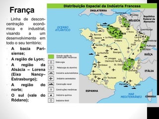 França
• Linha de descon-
centração econô-
mica e industrial,
visando a um
desenvolvimento em
todo o seu território;
• A bacia Pari-
siense;
• A região de Lyon;
• A região da
Alsácia – Lorena
(Eixo Nancy–
Estrasburgo);
• A região do
norte;
• O sul (vale do
Ródano);
 