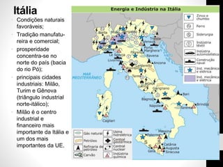 Itália
• Condições naturais
favoráveis;
• Tradição manufatu-
reira e comercial;
• prosperidade
concentra-se no
norte do país (bacia
do rio Pó);
• principais cidades
industriais: Milão,
Turim e Gênova
(triângulo industrial
norte-itálico);
• Milão é o centro
industrial e
financeiro mais
importante da Itália e
um dos mais
importantes da UE.
 