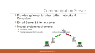 PRESENTED BY MRS. C. KALPANA / AP / CSE
Communication Server
 Provides gateway to other LANs, networks &
Computers
 E-mail Server & internet server
 Modest system requirements
 multiple slots
 fast processor to translate networking protocols
 