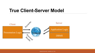 PRESENTED BY MRS. C. KALPANA / AP / CSE
True Client-Server Model
Presentation Logic
Client
Server
Network
K
e
y
s
t
r
o
k
e
Processed
Results
Application Logic
DBMS
 