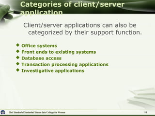Shri Shankarlal Sundarbai Shasun Jain College for Women
Shri Shankarlal Sundarbai Shasun Jain College for Women
Client/server applications can also be
categorized by their support function.
 Office systems
 Front ends to existing systems
 Database access
 Transaction processing applications
 Investigative applications
Categories of client/server
application
10
10
 