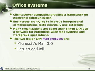 Shri Shankarlal Sundarbai Shasun Jain College for Women
Shri Shankarlal Sundarbai Shasun Jain College for Women
 Client/server computing provides a framework for
electronic communication.
 Businesses are trying to improve interpersonal
communications, both internally and externally.
 Many organizations are using their linked LAN’s as
a network for enterprise-wide mail systems and
workgroup applications.
 The two major LAN mail products are:
 Microsoft’s Mail 3.0
 Lotus’s cc:Mail
Office systems
11
11
 