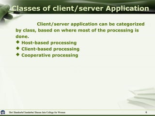 Shri Shankarlal Sundarbai Shasun Jain College for Women
Shri Shankarlal Sundarbai Shasun Jain College for Women
Client/server application can be categorized
by class, based on where most of the processing is
done.
 Host-based processing
 Client-based processing
 Cooperative processing
Classes of client/server Application
6
6
 