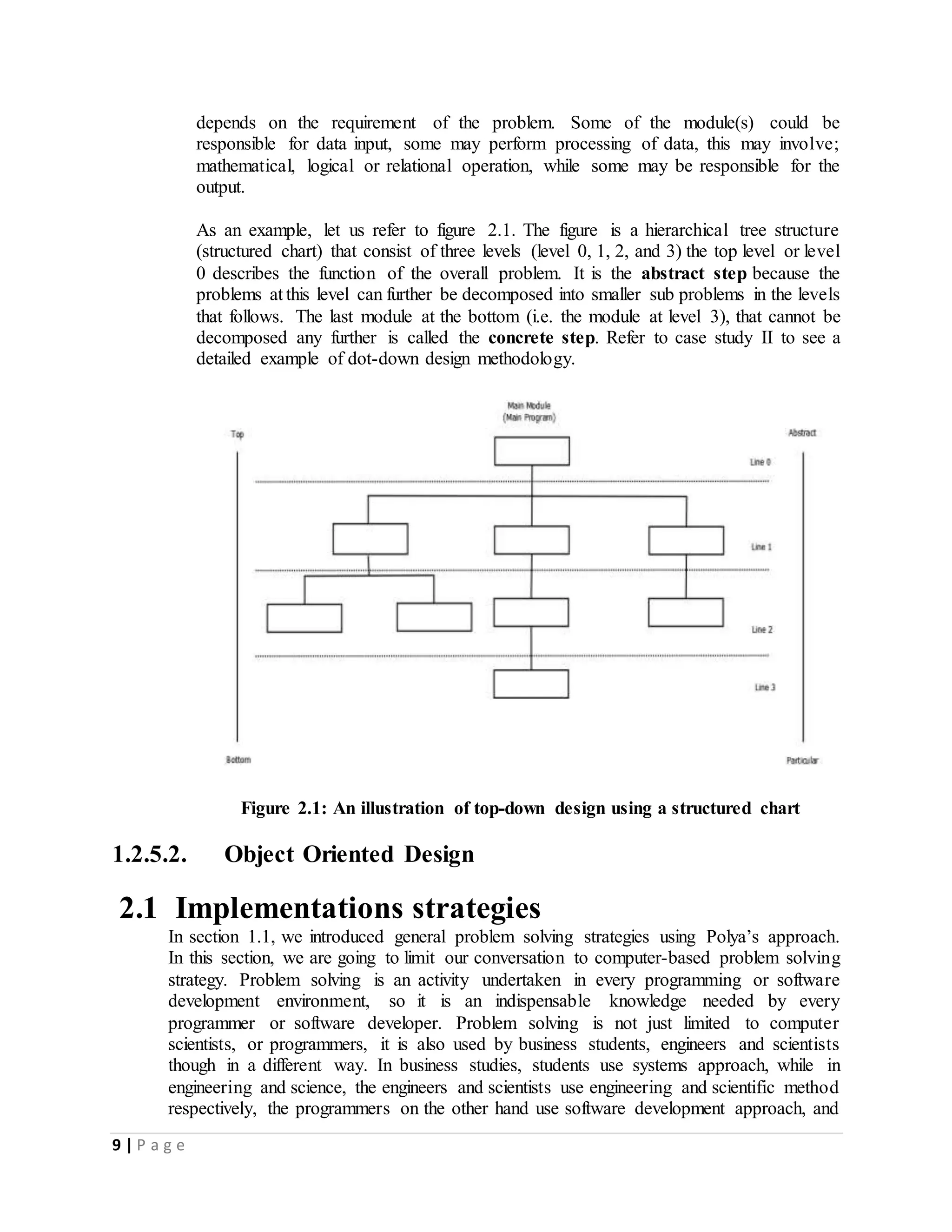 9 | P a g e
depends on the requirement of the problem. Some of the module(s) could be
responsible for data input, some may perform processing of data, this may involve;
mathematical, logical or relational operation, while some may be responsible for the
output.
As an example, let us refer to figure 2.1. The figure is a hierarchical tree structure
(structured chart) that consist of three levels (level 0, 1, 2, and 3) the top level or level
0 describes the function of the overall problem. It is the abstract step because the
problems at this level can further be decomposed into smaller sub problems in the levels
that follows. The last module at the bottom (i.e. the module at level 3), that cannot be
decomposed any further is called the concrete step. Refer to case study II to see a
detailed example of dot-down design methodology.
Figure 2.1: An illustration of top-down design using a structured chart
1.2.5.2. Object Oriented Design
2.1 Implementations strategies
In section 1.1, we introduced general problem solving strategies using Polya’s approach.
In this section, we are going to limit our conversation to computer-based problem solving
strategy. Problem solving is an activity undertaken in every programming or software
development environment, so it is an indispensable knowledge needed by every
programmer or software developer. Problem solving is not just limited to computer
scientists, or programmers, it is also used by business students, engineers and scientists
though in a different way. In business studies, students use systems approach, while in
engineering and science, the engineers and scientists use engineering and scientific method
respectively, the programmers on the other hand use software development approach, and
 
