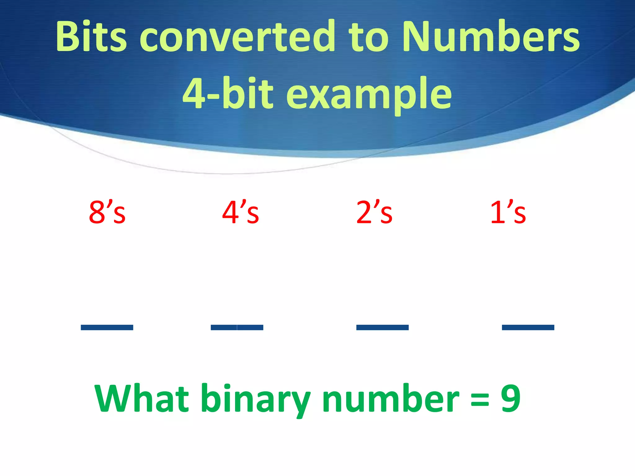 Bits converted to Numbers
4-bit example
__ __ __ __
8’s 4’s 2’s 1’s
What binary number = 9
 