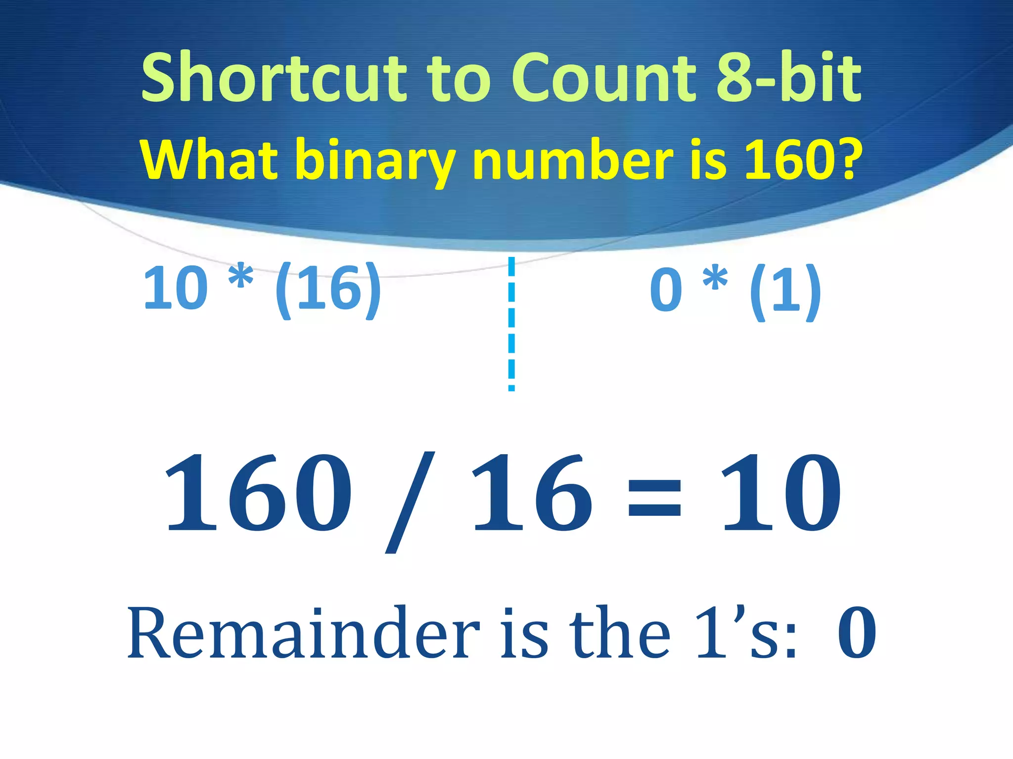 Shortcut to Count 8-bit
What binary number is 160?
160 / 16 = 10
Remainder is the 1’s: 0
0 * (1)10 * (16)
 