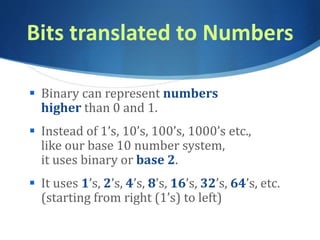 Bits translated to Numbers
 Binary can represent numbers
higher than 0 and 1.
 Instead of 1’s, 10’s, 100’s, 1000’s etc.,
like our base 10 number system,
it uses binary or base 2.
 It uses 1’s, 2’s, 4’s, 8’s, 16’s, 32’s, 64’s, etc.
(starting from right (1’s) to left)
 